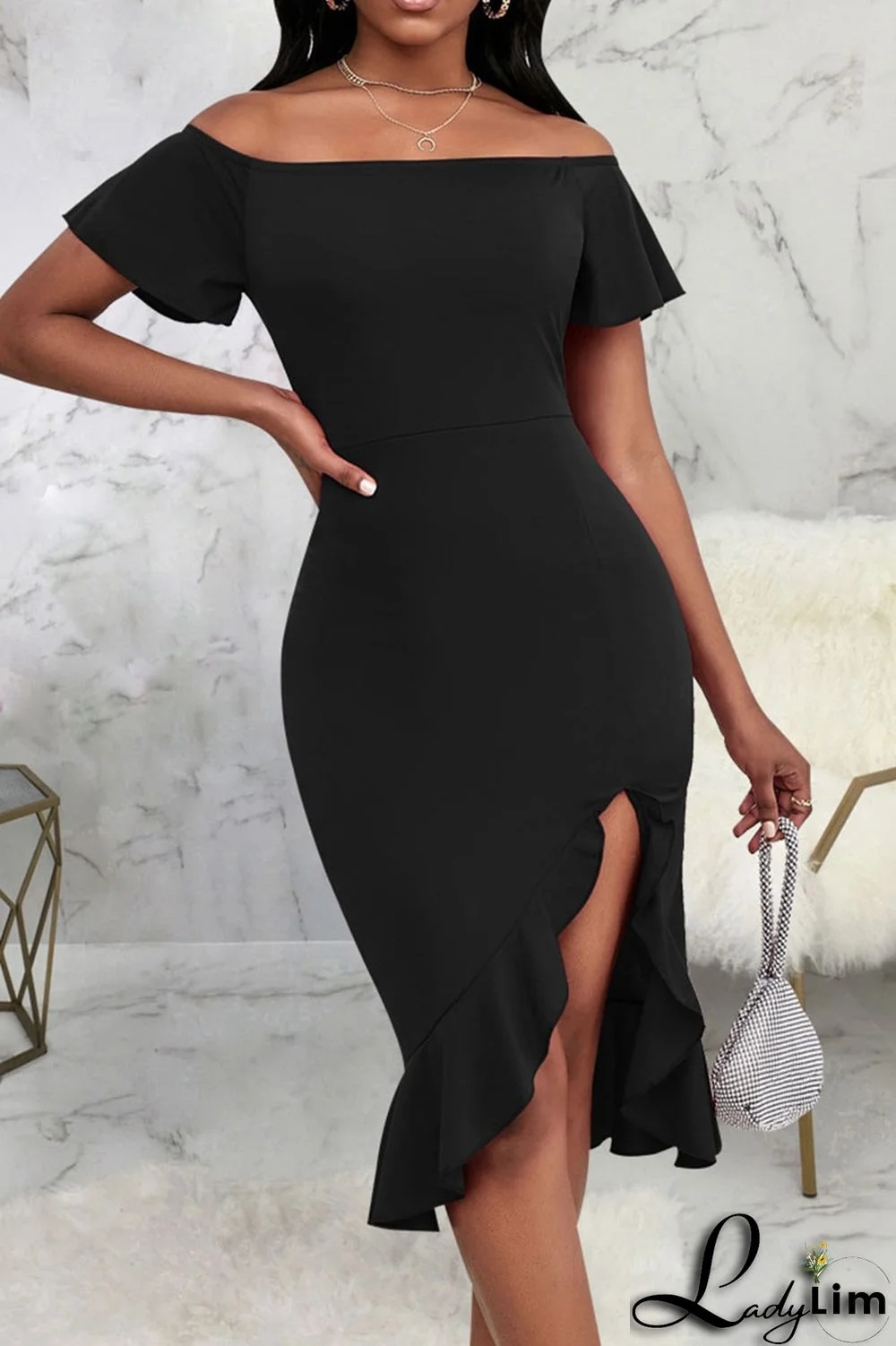 Black Sexy Solid Patchwork Flounce Asymmetrical Off the Shoulder Straight Dresses