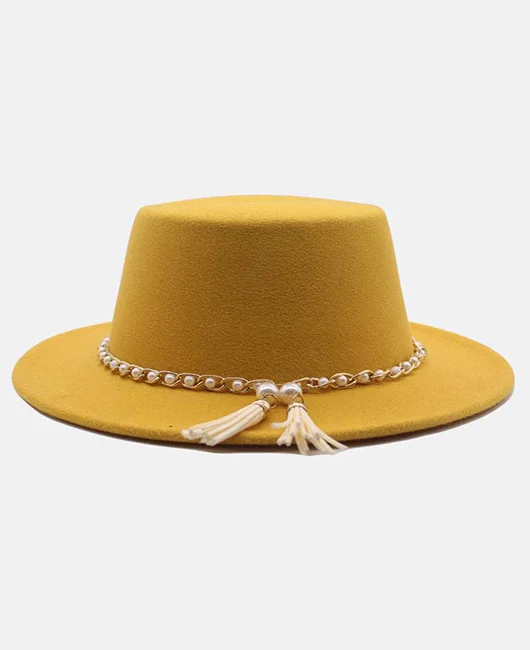 Elegant Pearl Chain Tassels Wide Brim Felt Fedora Hat 
