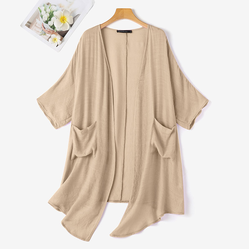 ZANZEA Summer Elegant Cardigans Vintage Women Blouse Solid Kimono Cape V Neck 3/4 Sleeve Sleeve Long Blusas Casual Tops Thin