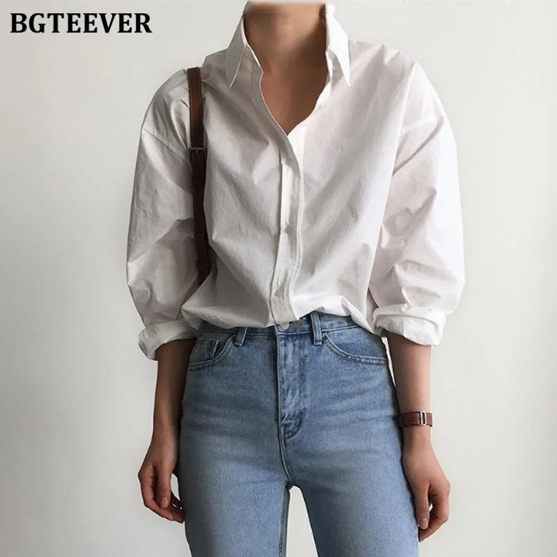 BGTEEVER Office Ladies White Shirts Blouses Women Spring Turn-down Collar Single-breasted Long Sleeve Shirts Female Tops Blusas
