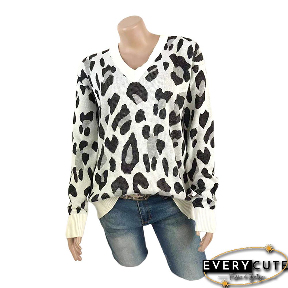 White Leopard Print V Neck Pullover Sweater