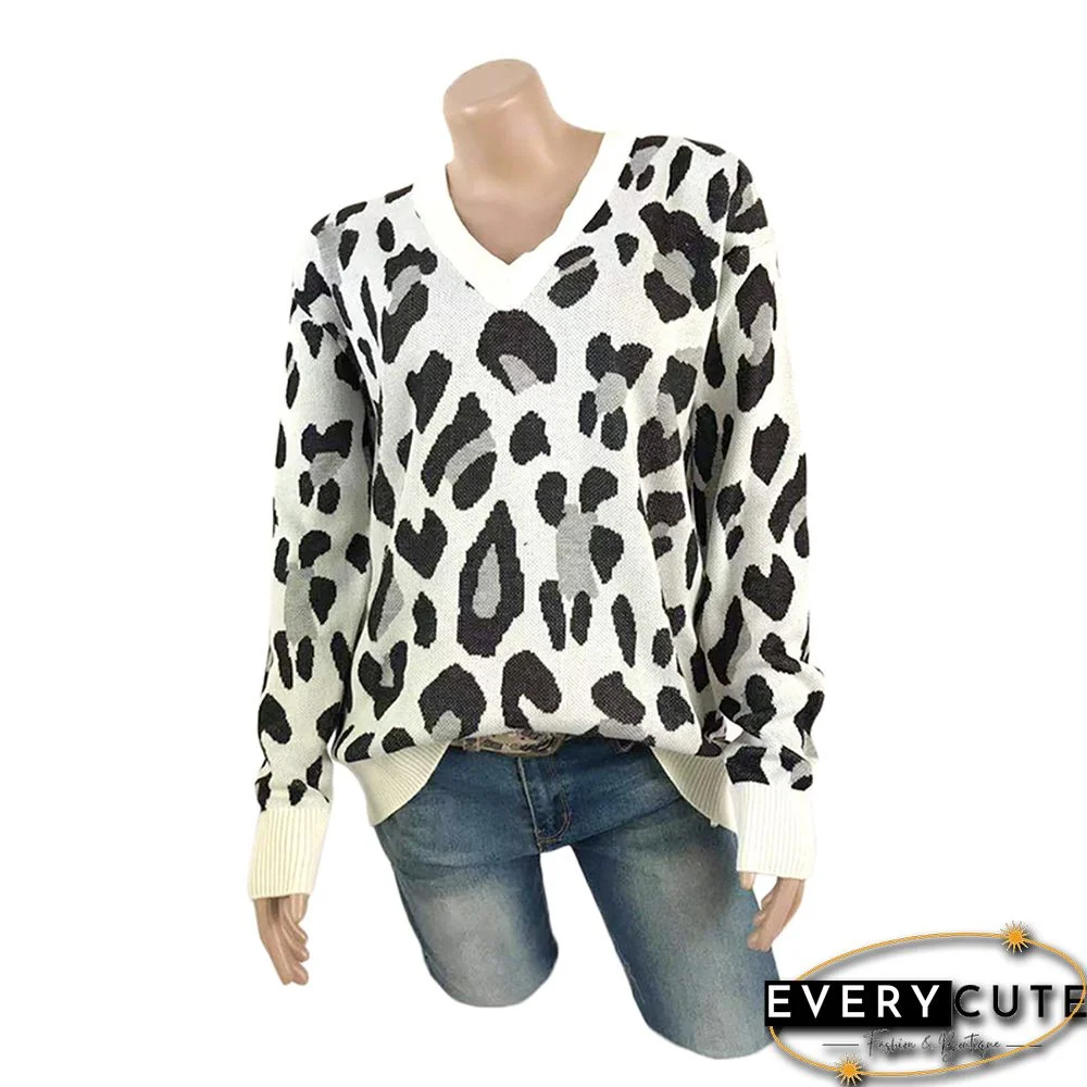 White Leopard Print V Neck Pullover Sweater