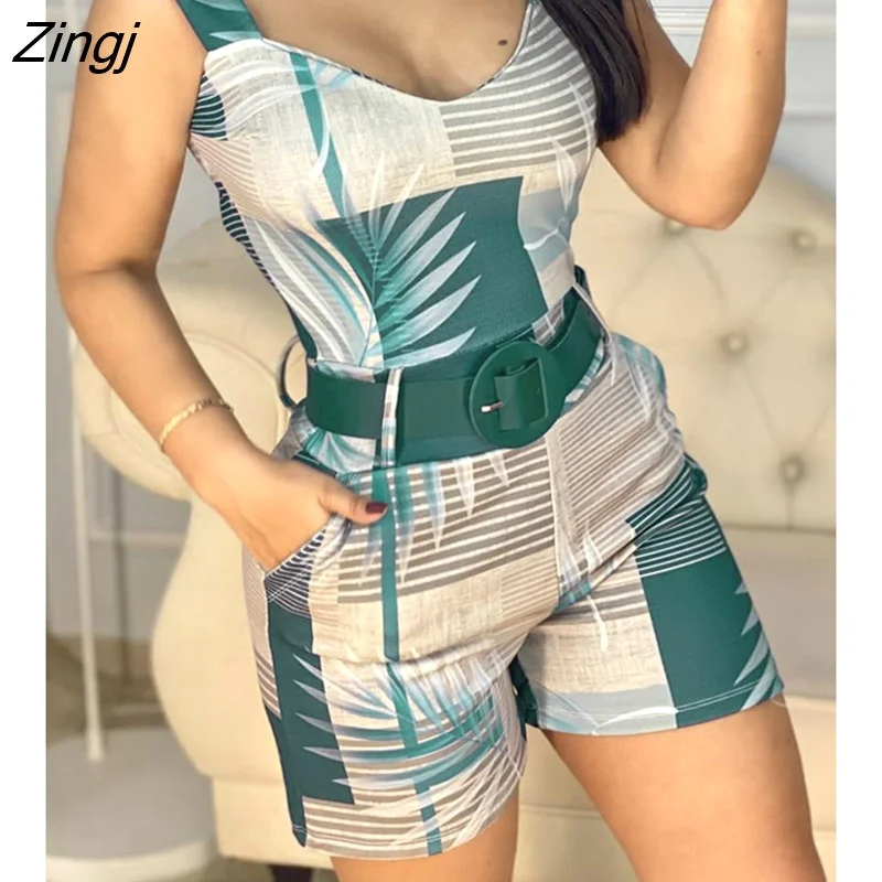 Zingj Women Fashion Summer Thick Strap Tropical Print Skinny Romper Slim Skinny Sleeveless Ladies Clothing Jumpsuits