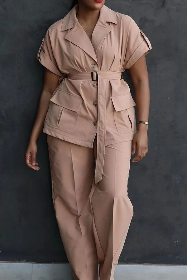 Solid Color Casual Belted Wide Leg Pant Suit