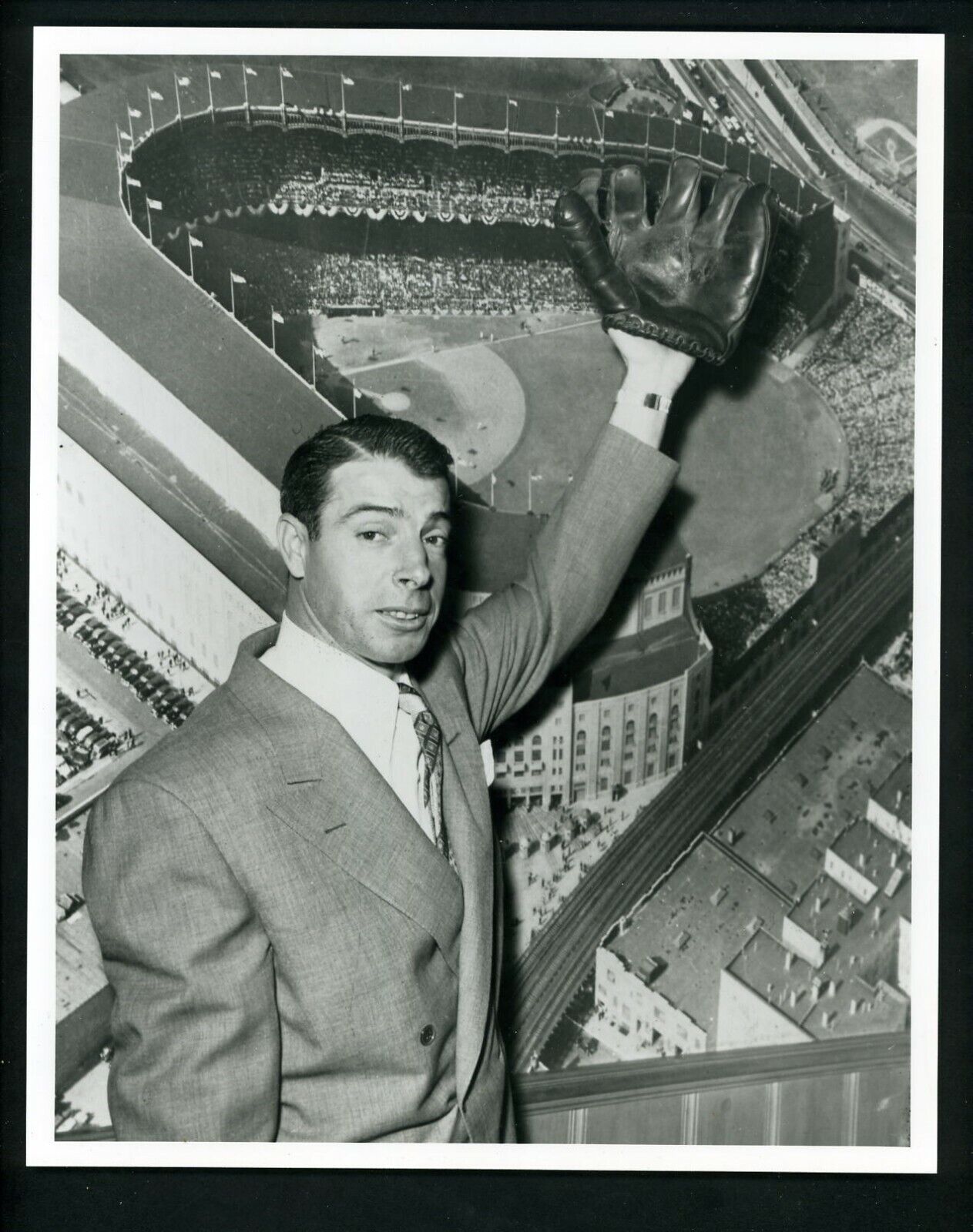 Joe DiMaggio poses with model of Yankee Stadium 1951 Type IV Press Photo Poster painting Yankees