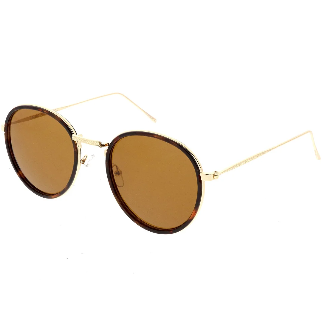 Modern Round glasses Engraved Slim Metal Arms Neutral Color Flat Lens