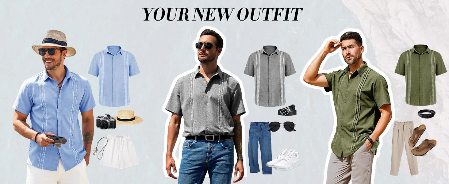 Runcati Men's 70% Cotton, 30% Linen Short Sleeve Guayabera Shirts Linen Cotton Button Down Mexican Embroidered Cuban Wedding Shirt Summer Beach Tops Father's Day Gift