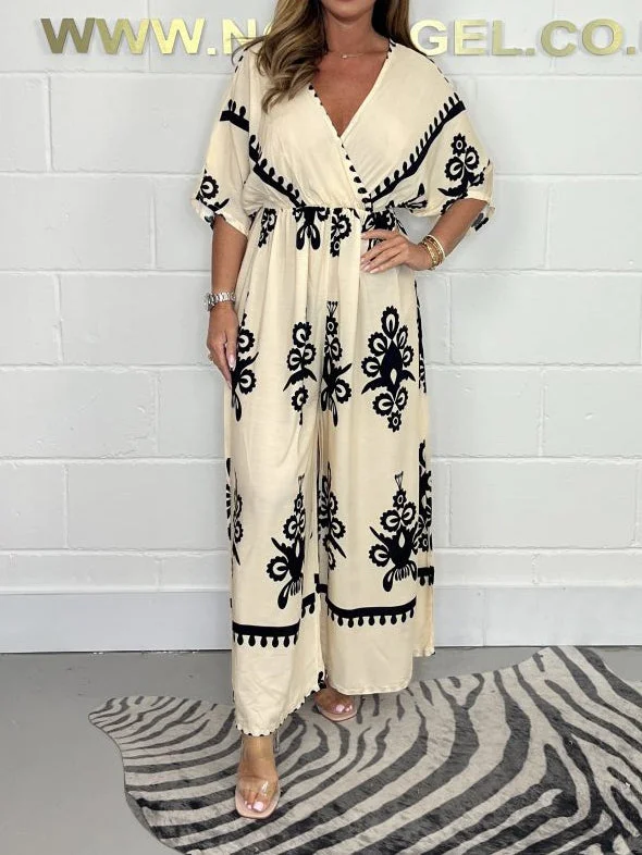 Cream & Black Printed Cross Front Jumpsuit