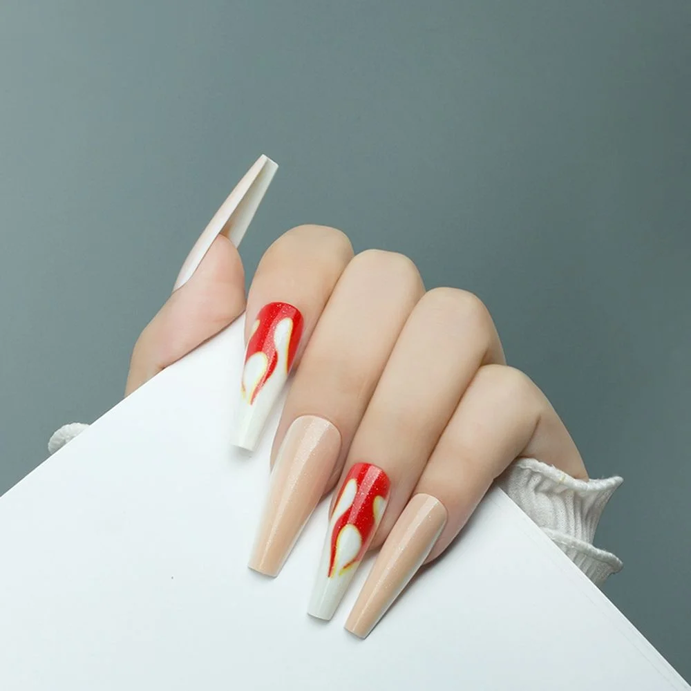 24Pcs Detachable Long Ballerina French False Nails With Design Leopard Wearable Fake Nails Wavy Line Flame Full Cover Nail Tips