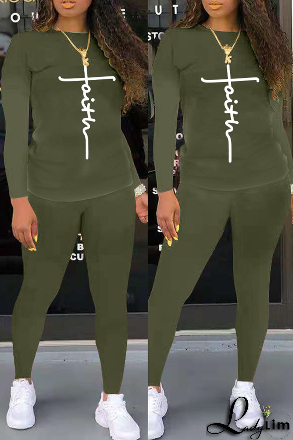 Grey Fashion Casual Print Basic O Neck Long Sleeve Two Pieces