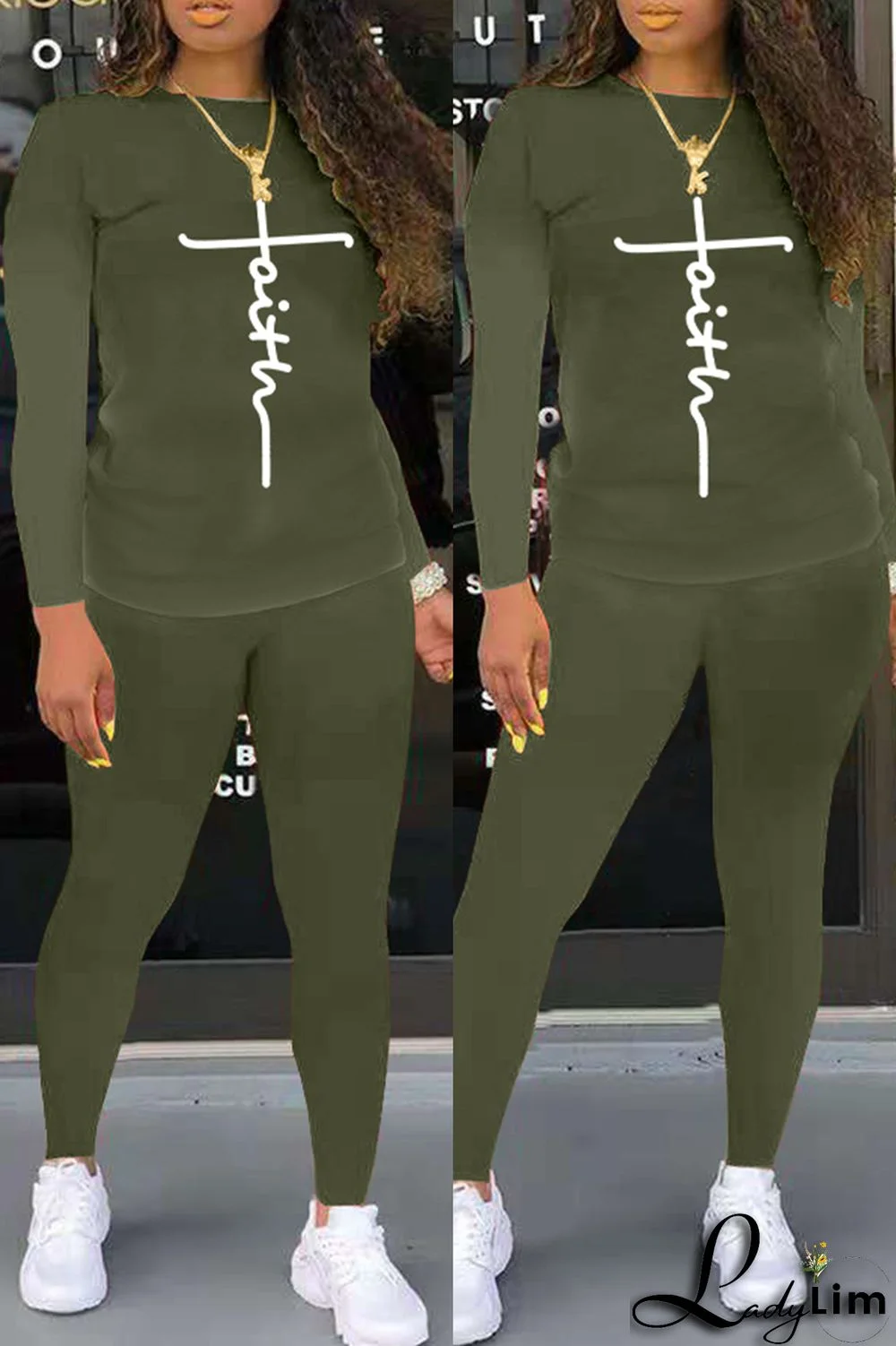 Grey Fashion Casual Print Basic O Neck Long Sleeve Two Pieces