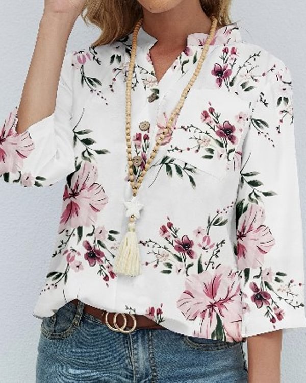 Floral Printed Stand Collar Button 3/4 Sleeve Blouse