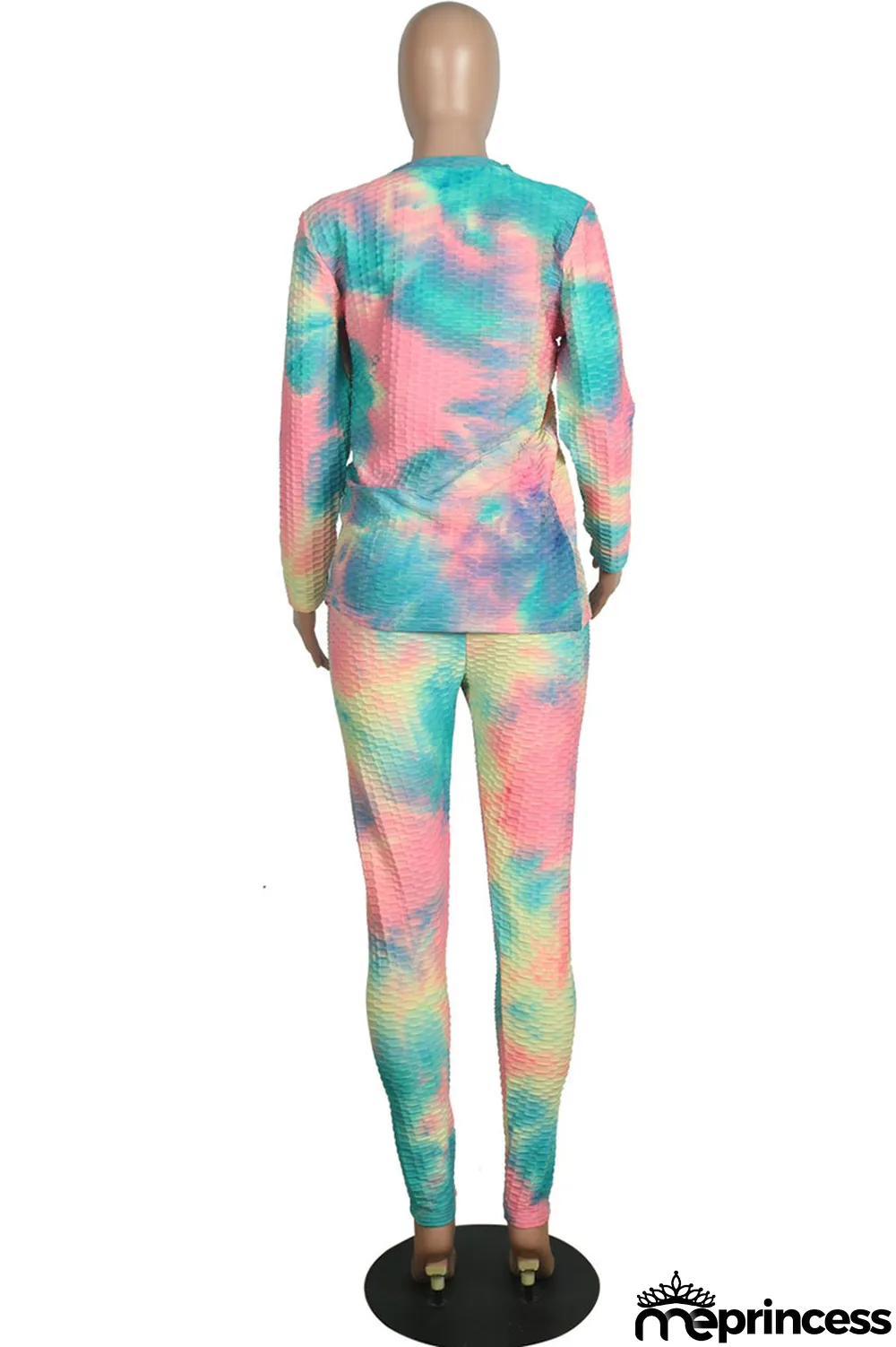 Pink Casual Gradual Change Print Tie Dye Split Joint O Neck Long Sleeve Two Pieces