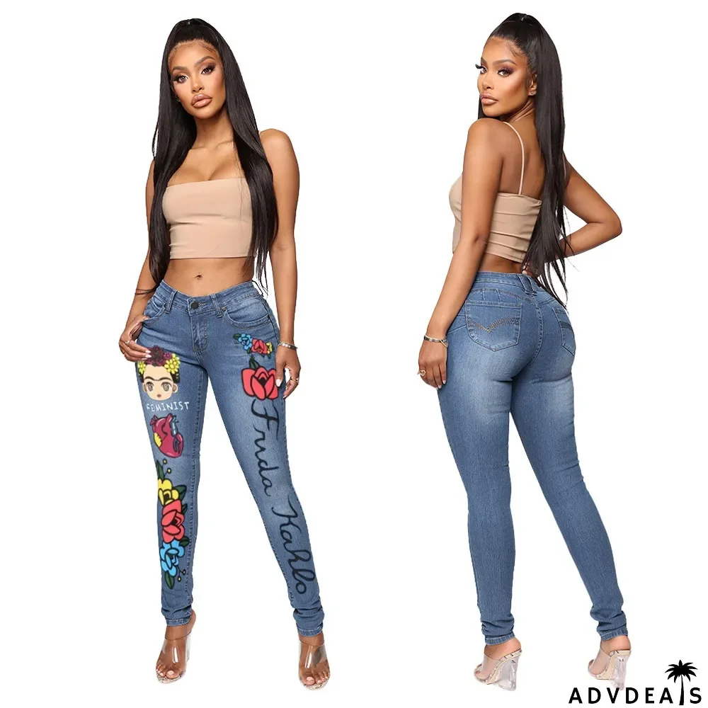 Women Fashion Print Skinny Jeans
