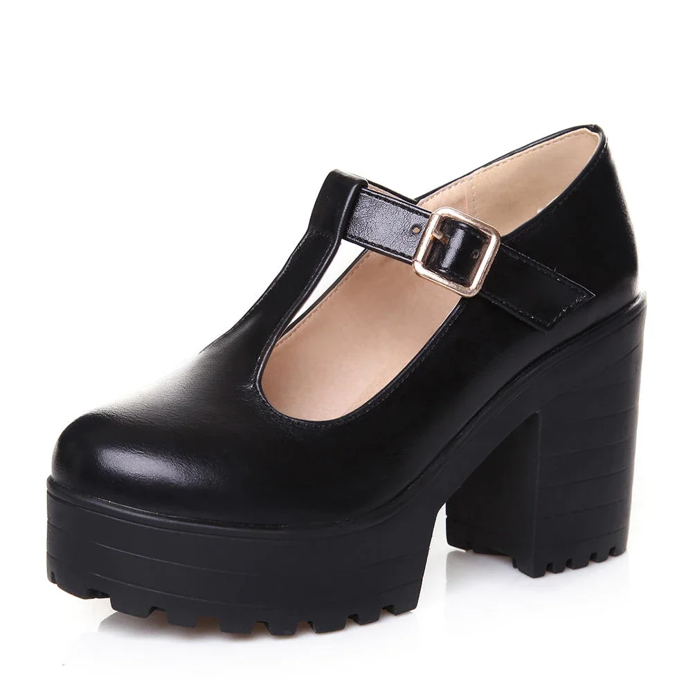 Qengg New T-Strap Buckle Strap Solid Mary Janes Platform Women Shoes Woman Casual Spring Autumn Pumps Large Size 34-46