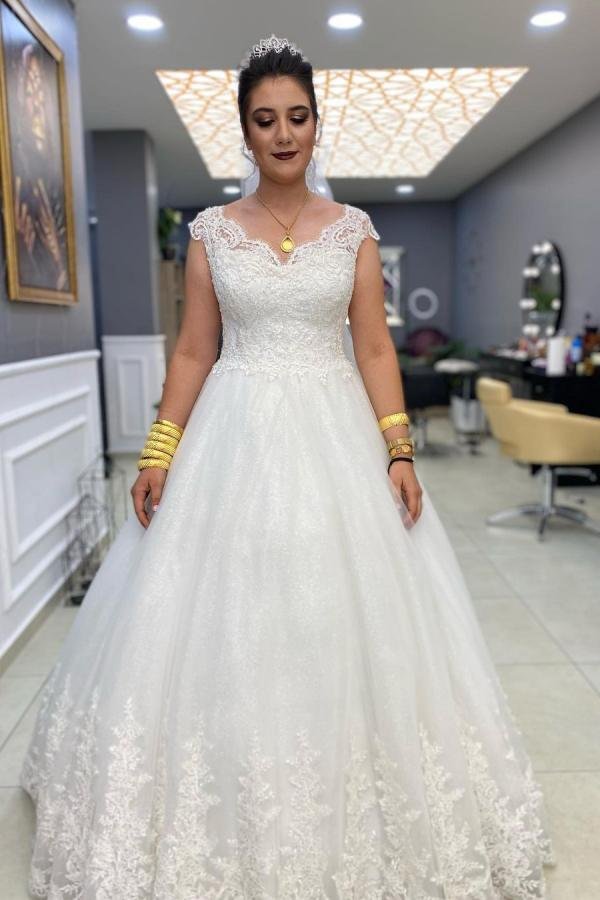 Modest V-neck Long A-line Wedding Dress With Lace Tulle | Ballbellas Ballbellas