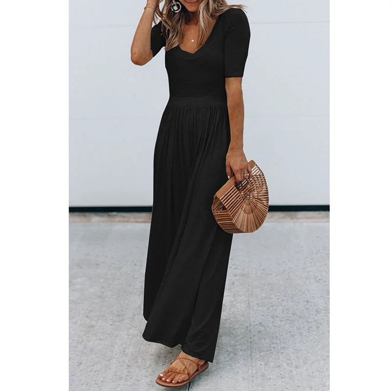 Women's New Round Neck Short Sleeve Long Jumpsuit