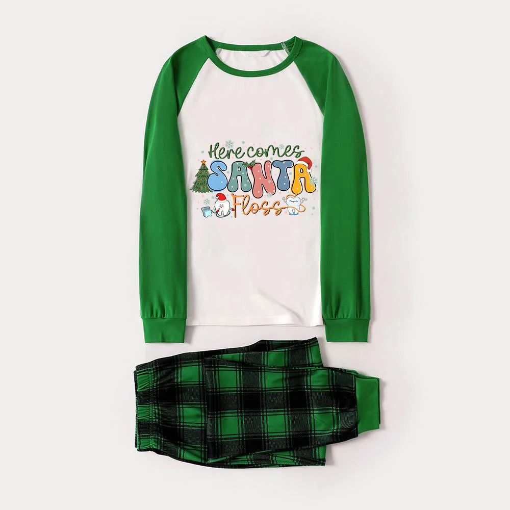 Christmas Tree and Floss Patterned and 'Here Comes Santa Floss ' Letter Print Contrast Tops and Black and Gren Plaid Pants  Family Matching Raglan Long-sleeve Pajamas Sets