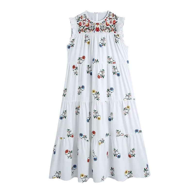 KPYTOMOA Women 2021 Chic Fashion Floral Print Patchwork Embroidered Midi Dress Vintage Ruffled Sleeves Female Dresses Mujer