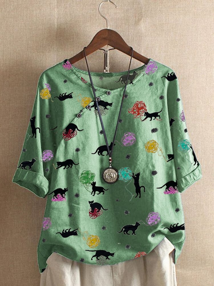 Cartoon Cat Print O neck Button Short Sleeve Women Casual T Shirt P1849659