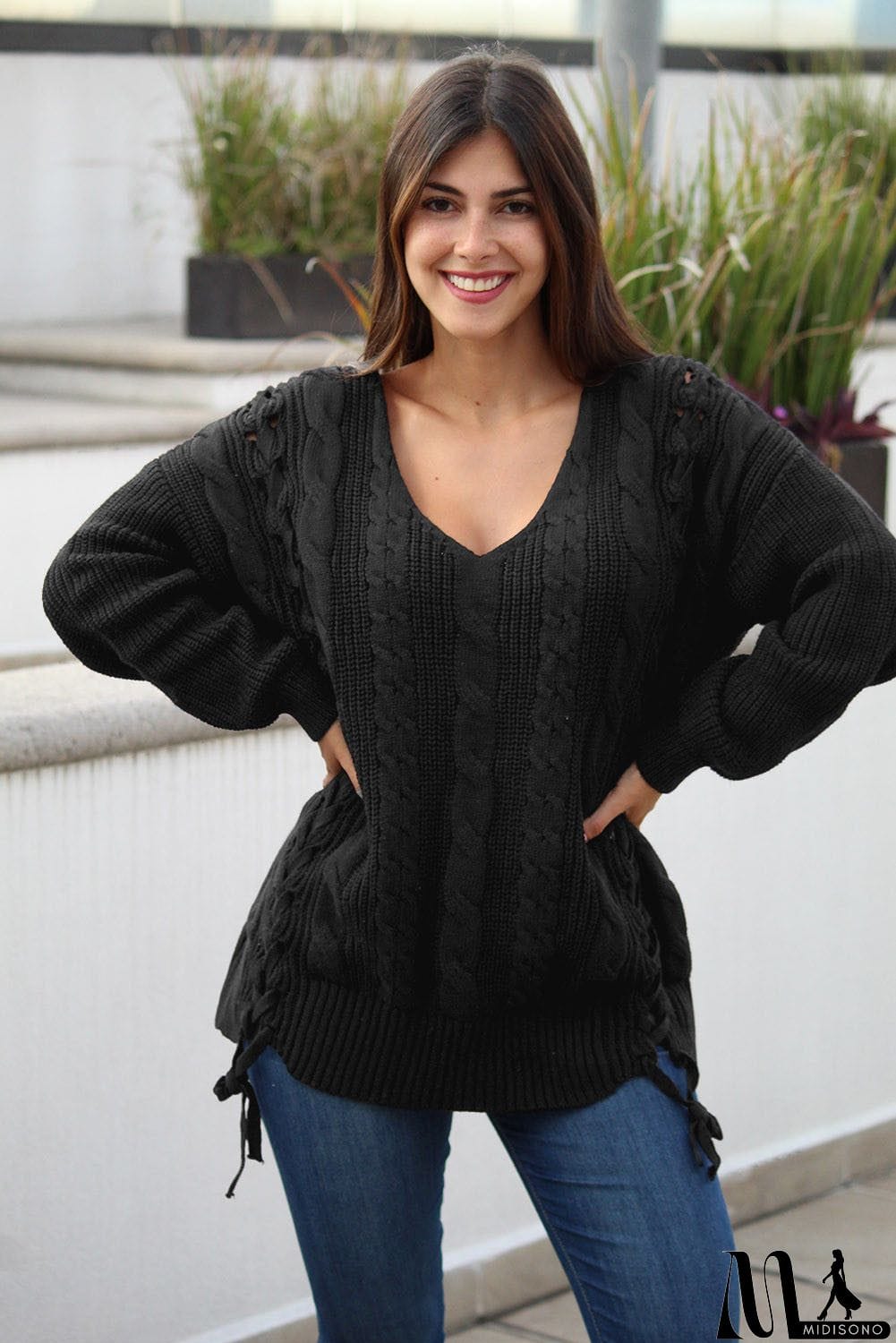 MidiSono - Love Letters Cable Knit Lace Up Sweater