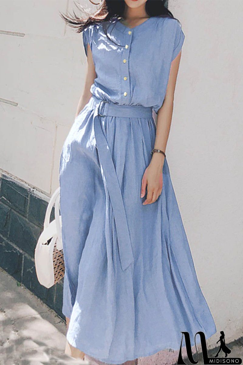 MidiSono - Elegant Solid Frenulum Buttons O Neck A Line Dresses