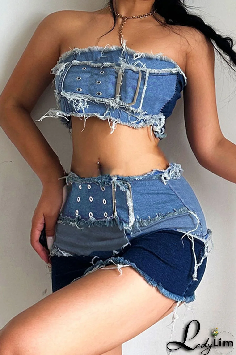 Blue Sexy Street Solid Make Old Patchwork Strapless Sleeveless Two Pieces