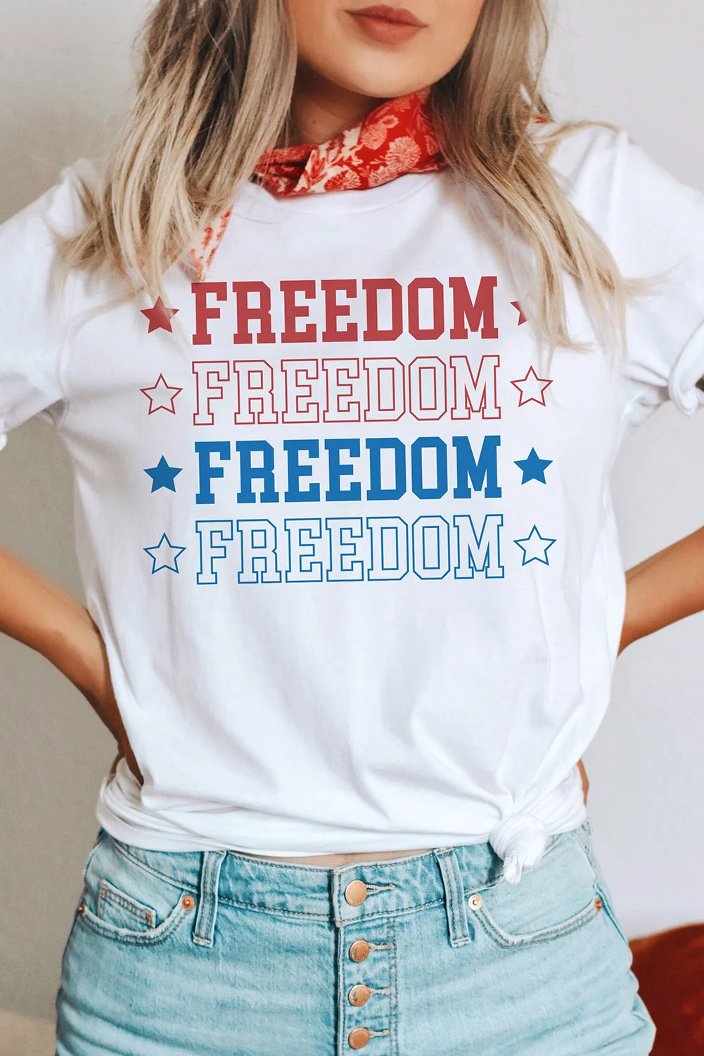 White FREEDOM Stars Print Short Sleeve Graphic Tee | IFYHOME
