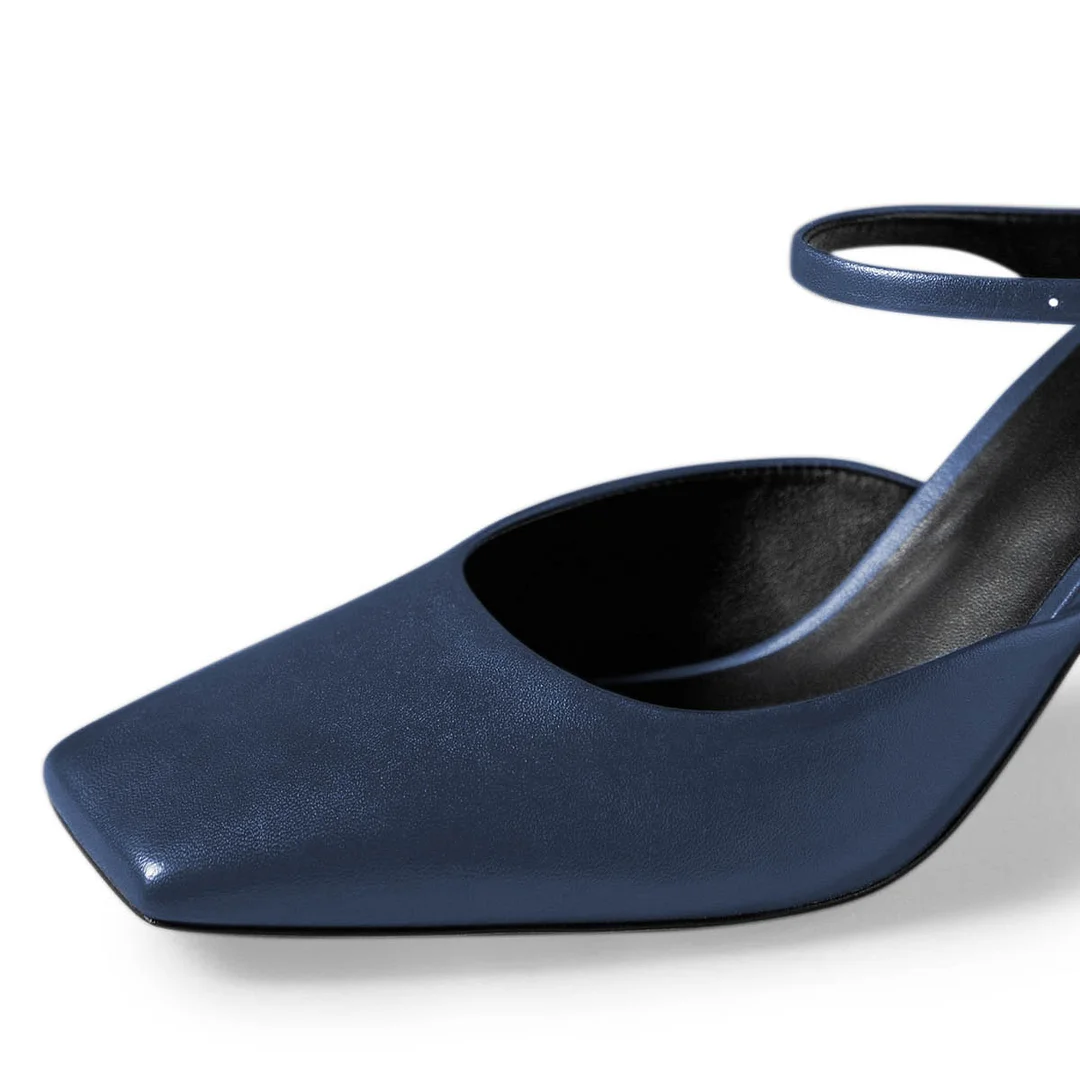 Shiny Dark Blue Vegan Leather Square Toe Classy Heel Mary Janes