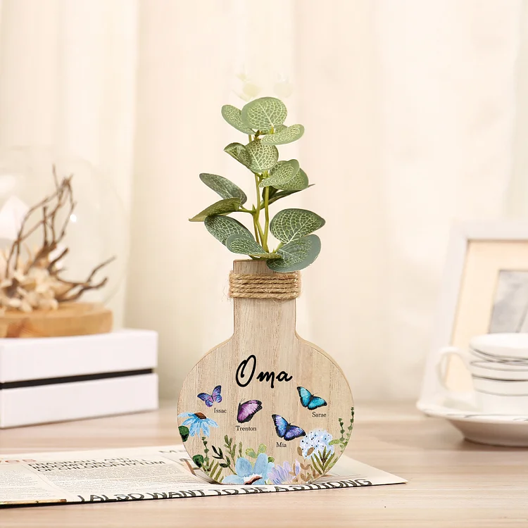 Kettenmachen Holz Personalisierter 4 Namen & Text Bunt Schmetterling & Blumen Familie Vase