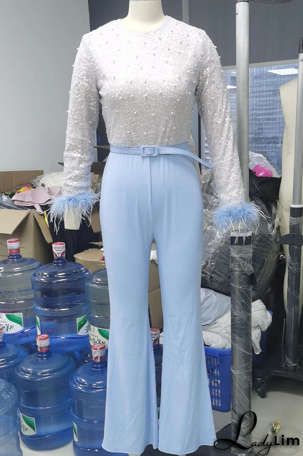 Pink Fashion Sexy Solid Patchwork Feathers Beading O Neck Straight Jumpsuits