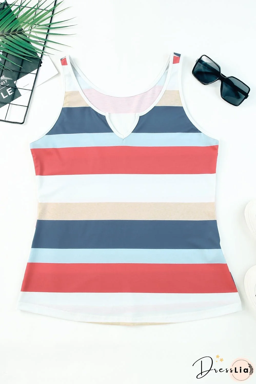 Striped Notched Neck Tank Top