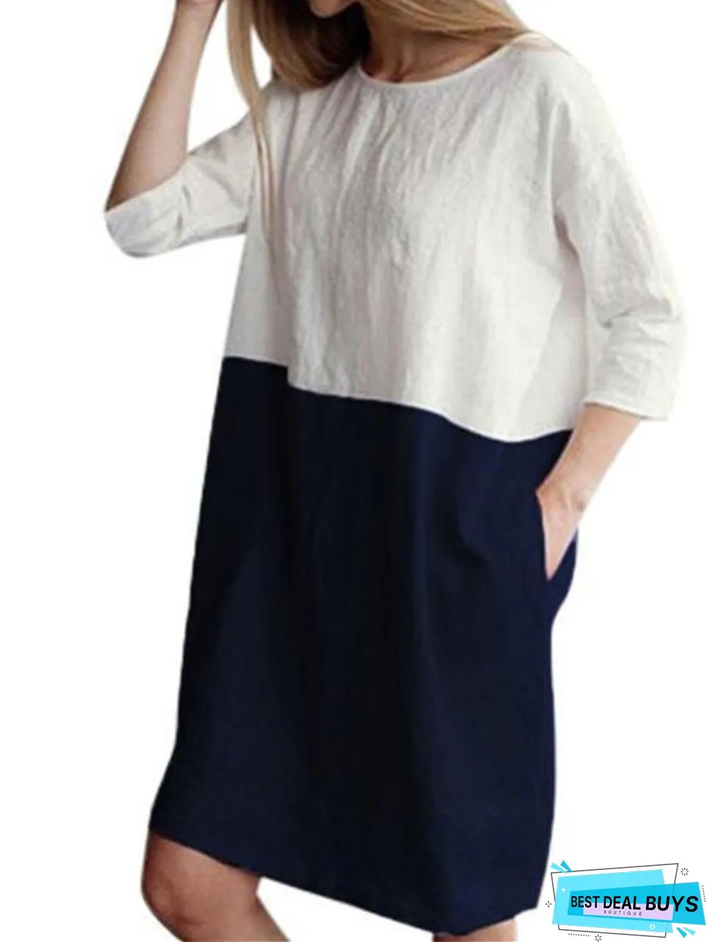 Loose Solid Color Cotton Linen Patchwork Dress Round Neck Seven Sleeve Skirt Waist