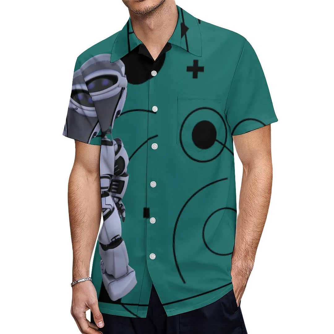 Green Robot Character Geometrical Hawaiian Shirt Mens Button Down Plus Size Tropical Hawaii Beach Shirts