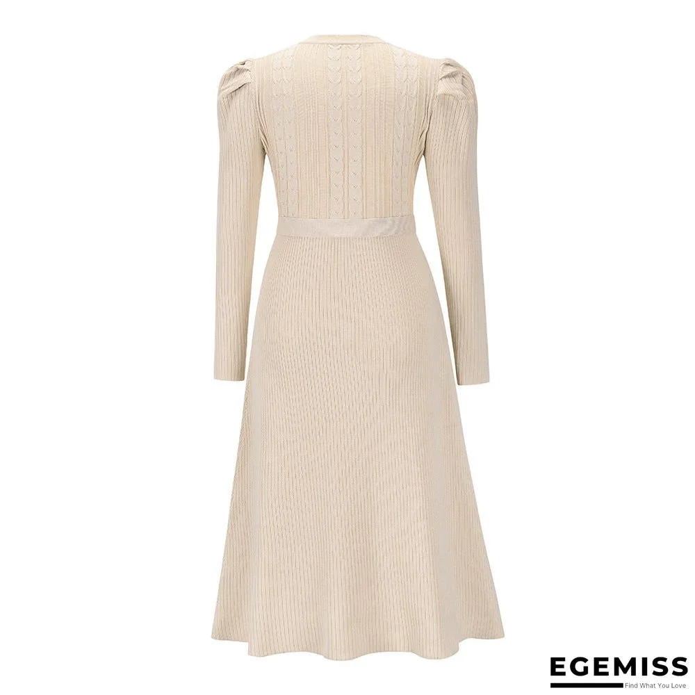 Bubble Long Sleeve Knitted Skirt Medium Long Wool Dress Black Dresses | EGEMISS