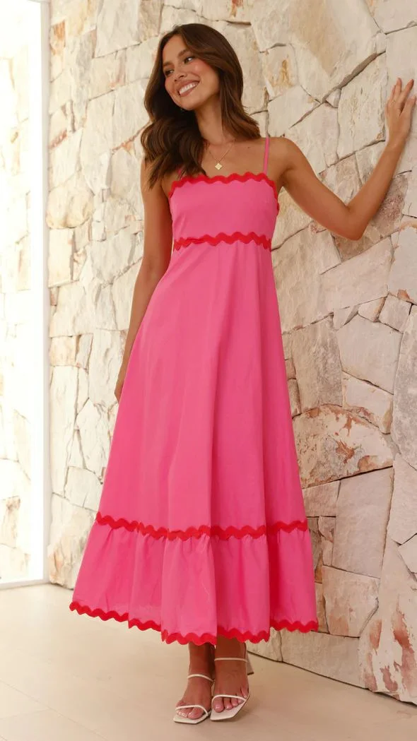 Sling Solid Color Wave Midi Dress