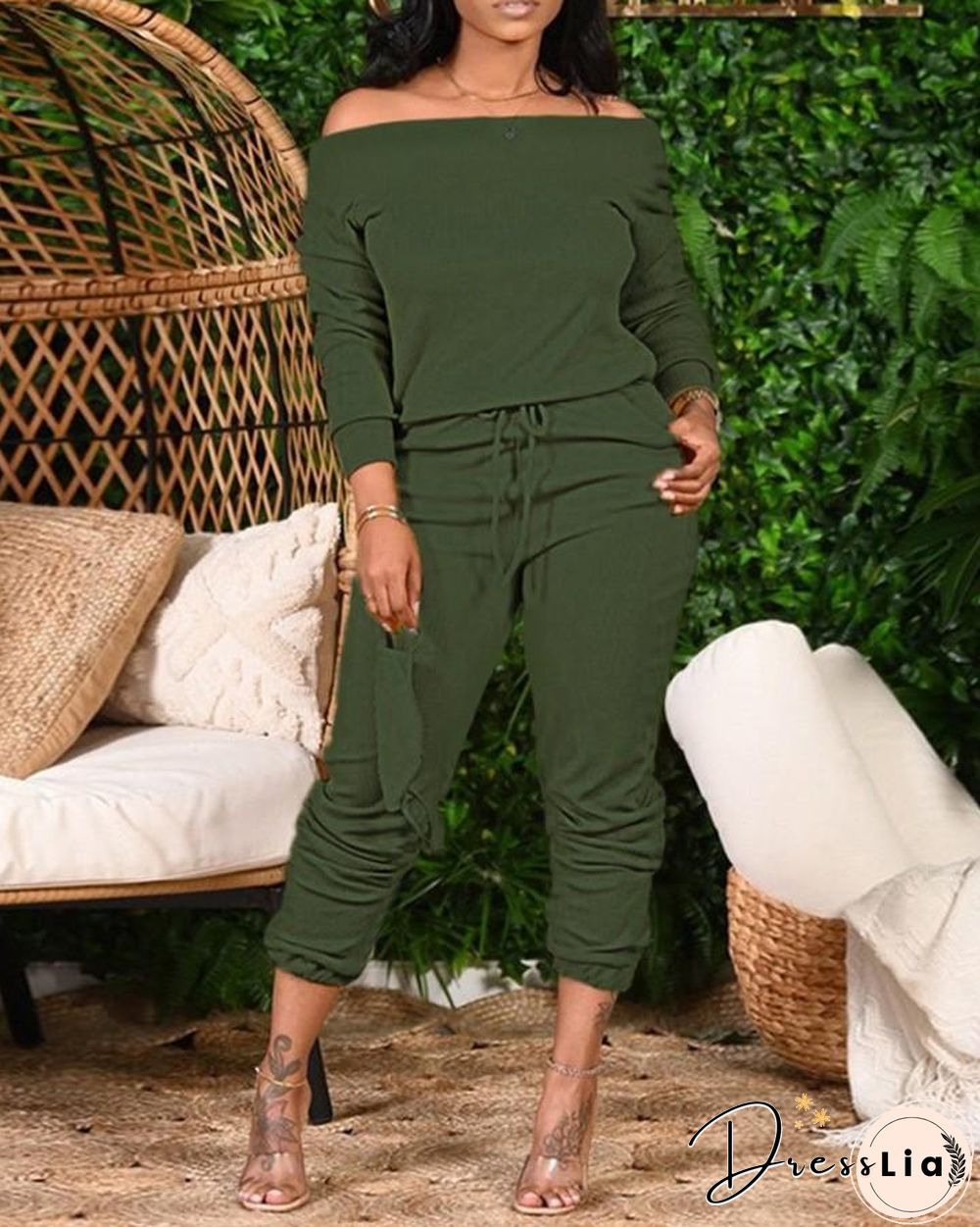 Plus Size Plain Long Sleeve Top & Drawstring Pants Set P14071