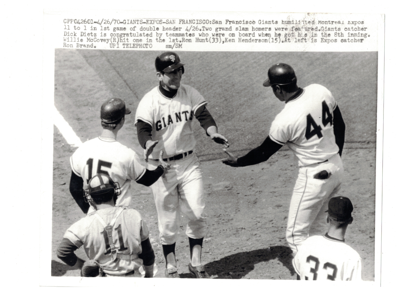 Willie McCovey Dick Dietz Ron Hunt San Francisco Giants 1970 UPI TelePhoto Poster painting RH1