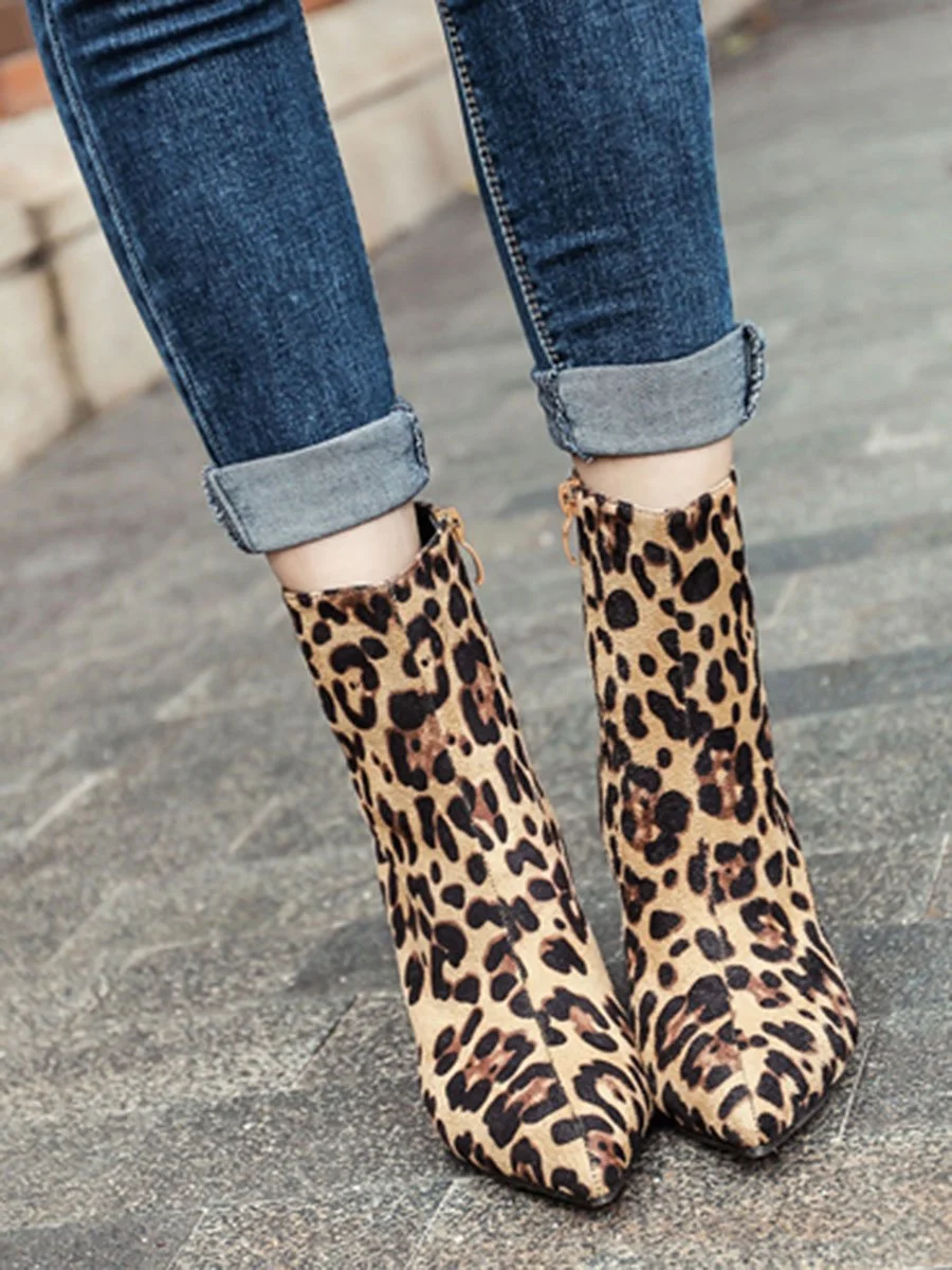 Leopard High Heel Zipper Embellished Boots