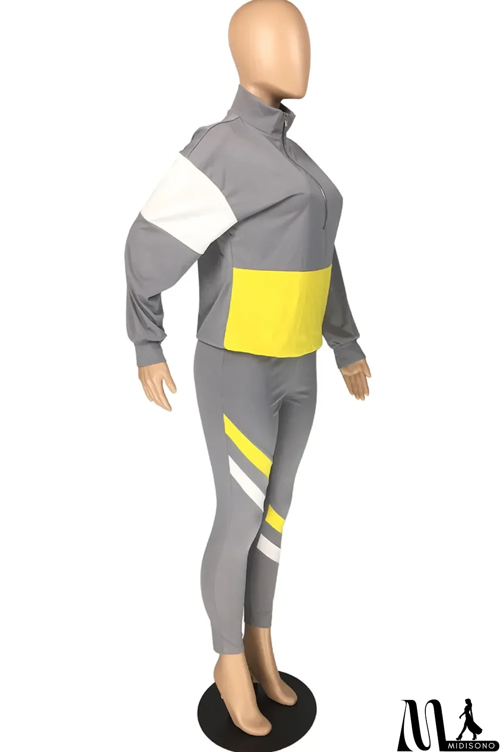 MidiSono - Fluorescent green Casual Striped Print Zippered Split Joint Mandarin Collar Long Sleeve Two Pieces