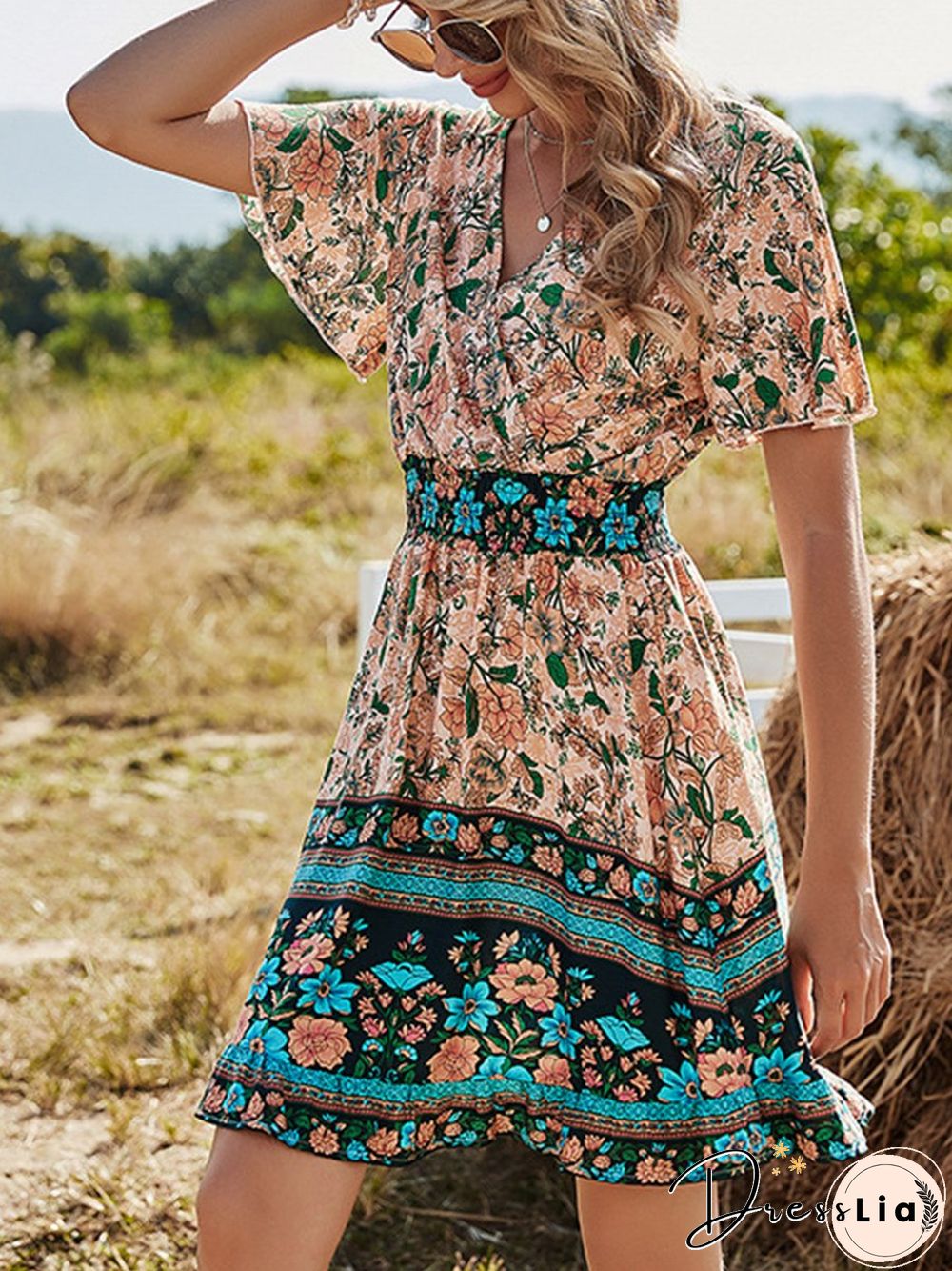Short Sleeve Bohemian Print Dress P14760