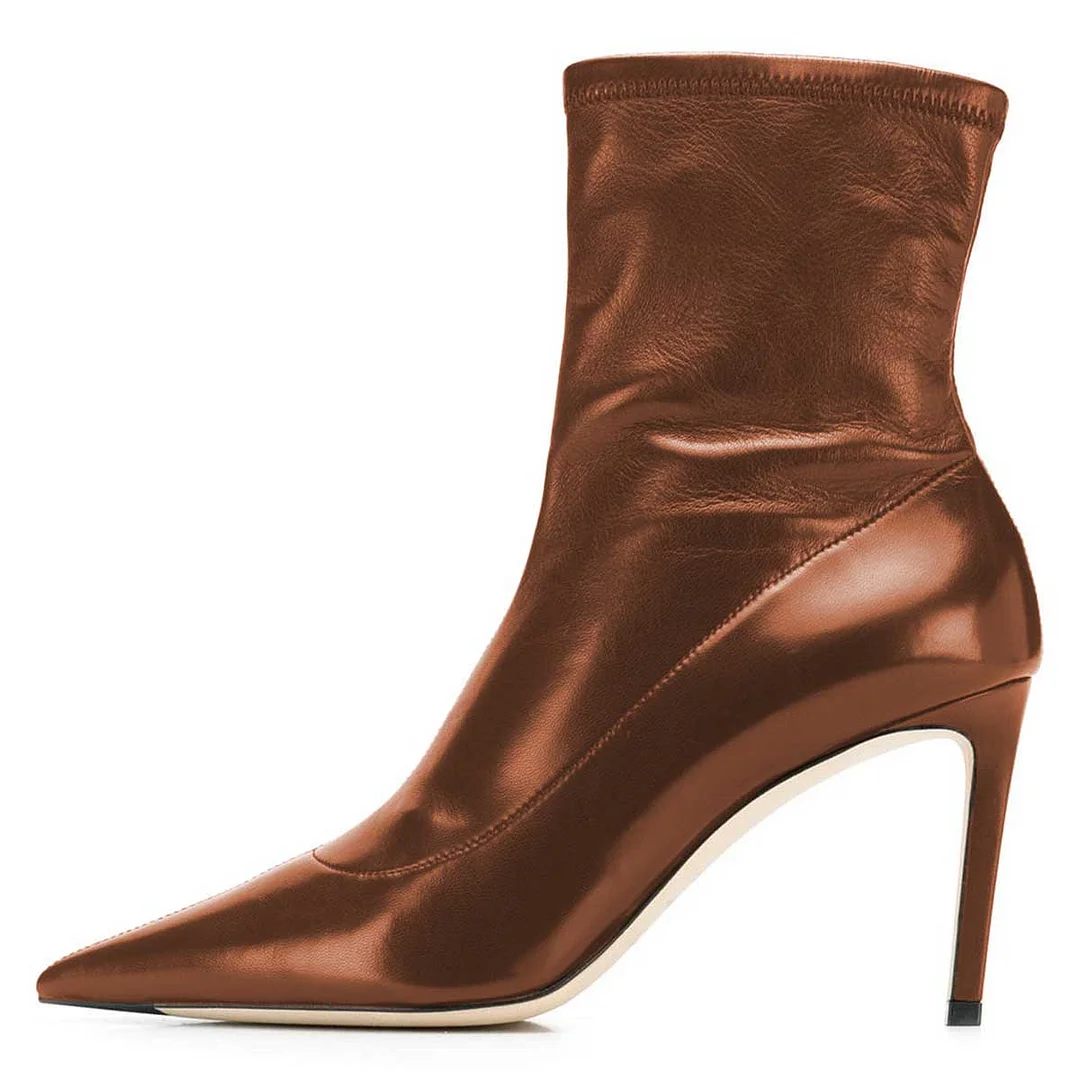 Brown Vegan Leather Pointy Toe Stiletto High Heel Stretch Ankle Boots