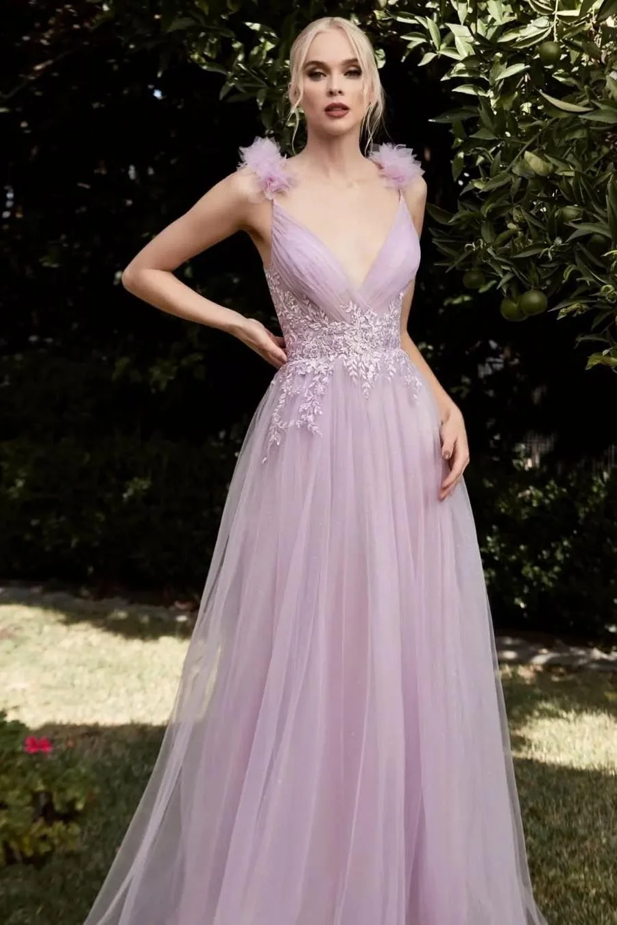 Miabel Elegant Lilac Tulle Spaghetti Strap Backless Applique Sleeveless Prom Dress 