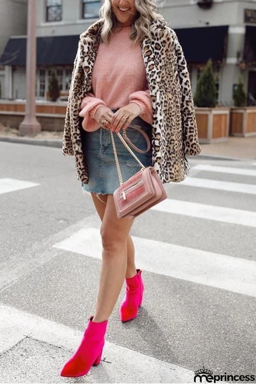 Pockets Leoaprd Faux Fur Lapel Coat