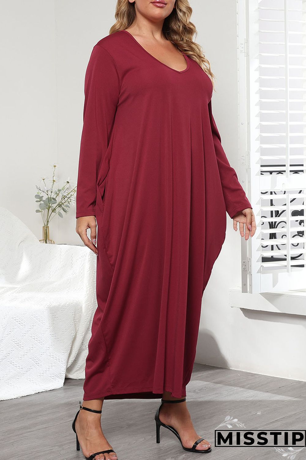 Purplish Red Casual Solid Patchwork Pocket Frenulum V Neck Long Sleeve Plus Size Dresses