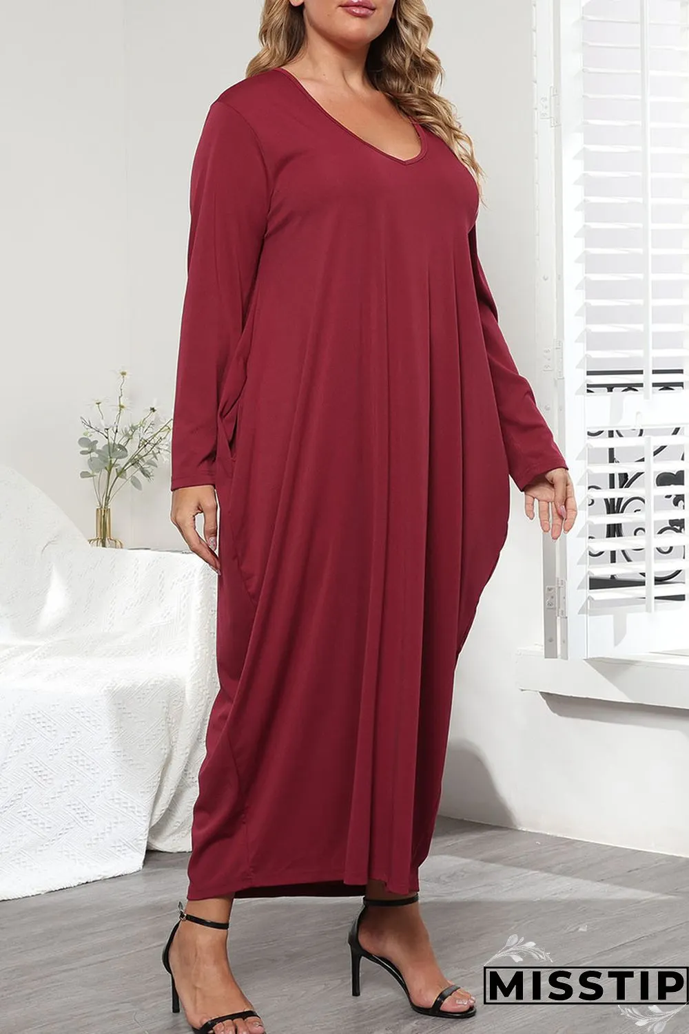 Purplish Red Casual Solid Patchwork Pocket Frenulum V Neck Long Sleeve Plus Size Dresses