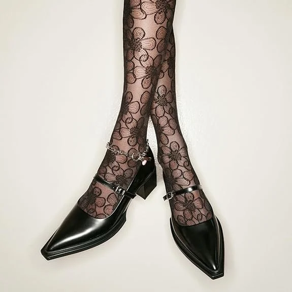 Black Vegan Leather Pointed Toe Buckle Strap Casual Mary Janes