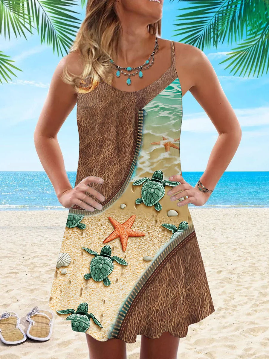 Women's Sleeveless Round Neck Print Beach Casual Dress