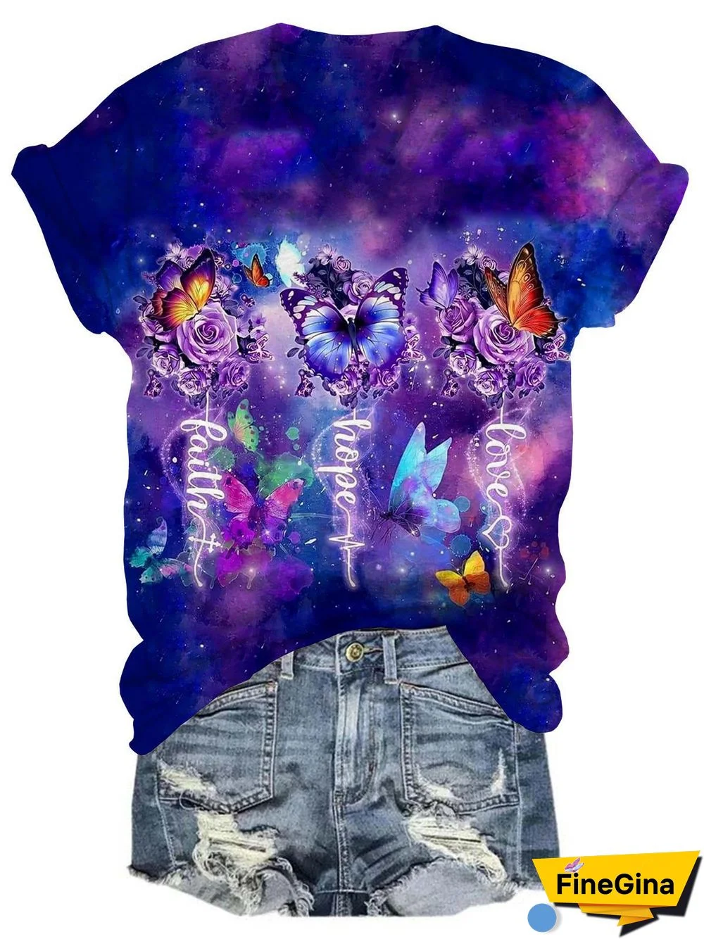 Faith Hope Love Tie Dye Butterfly Rose Flower V-Neck T-Shirt