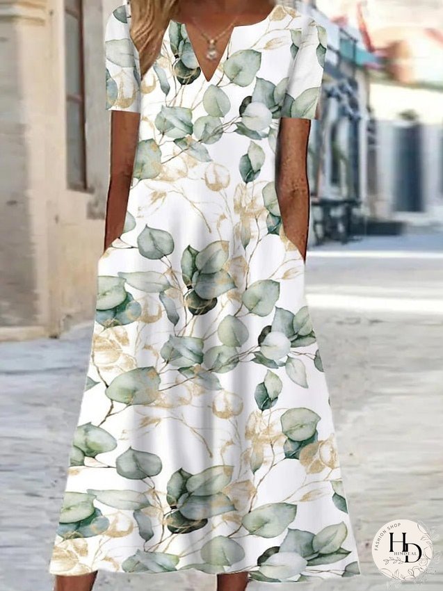 Casual Dress Shift Dress Swing Dress Floral Pocket Print V Neck Midi Dress Active Fashion Outdoor Vacation Short Sleeve Regular Fit White Royal Blue Blue Spring Summer S M L XL XXL for Women